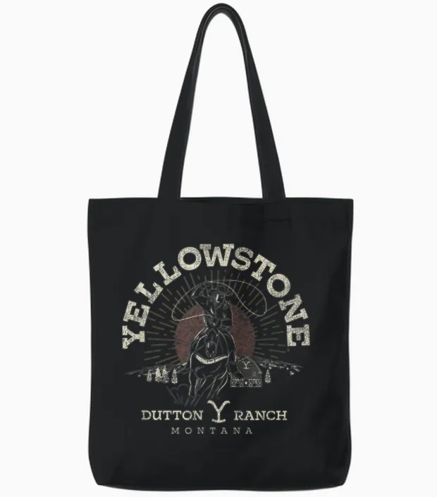Y Yellowstone Dutton Ranch Roping Riding T-Shirt Black Unisex Adult S Eu Small Classic Short Sleeve Tote Bags in Black