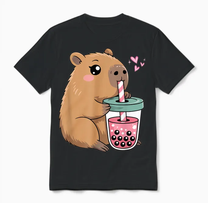 Cute Capybara Kawaii Anime Capybara Drinking Bubble Tea Love Unisex T-Shirt in Black