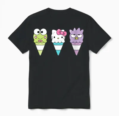 Womens Hello Sanrio Keroppi Hello Kitty Badtz-Maru Ice Cream Cone Unisex T-Shirt - Black