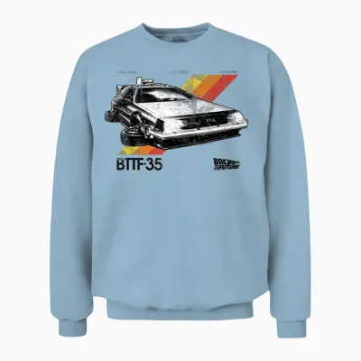 Back to the Future, 35th Edition of Retro Stripe Delorean Unisex Sweatshirt - Light Blue