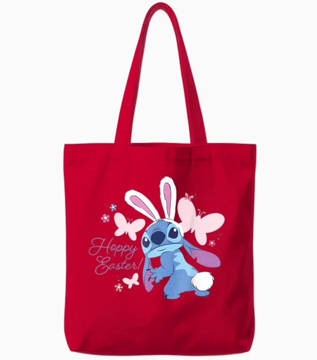 Disney Lilo & Stitch Hoppy Easter Bunny and Butterflies T-Shirt, Black Tote Bags in Red