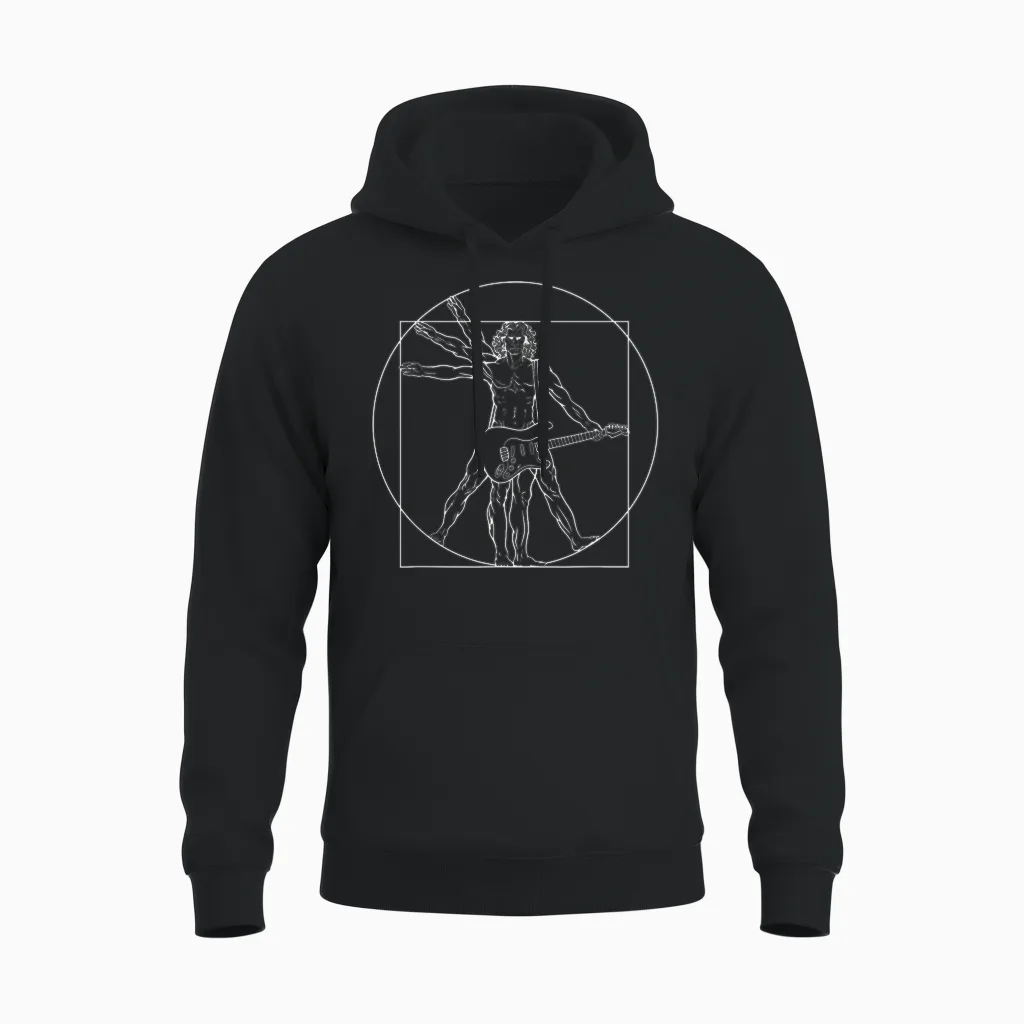 Punk Rock Star Vitruvian Man with Electric Guitar T-Shirt, Black Unisex Hoodie in Black