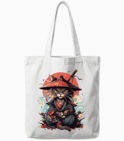 Japanese Retro Samurai Cat Tattoo Graphic Ninja Kawaii Long Sleeve, Black, S Tote Bags - White