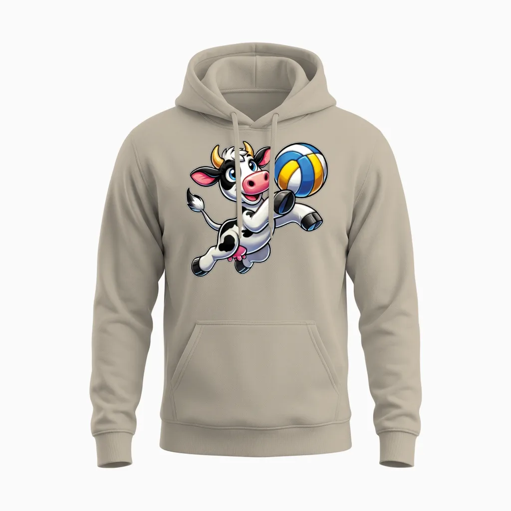 Funny Cow Playing Volleyball Funny Farm Animal Unisex Hoodie in Sand