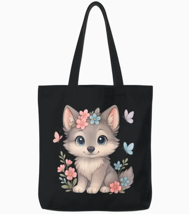 Cute Baby Wolf with Flowers Sakura Floral I Kids Wolf Women Tote Bags in Black