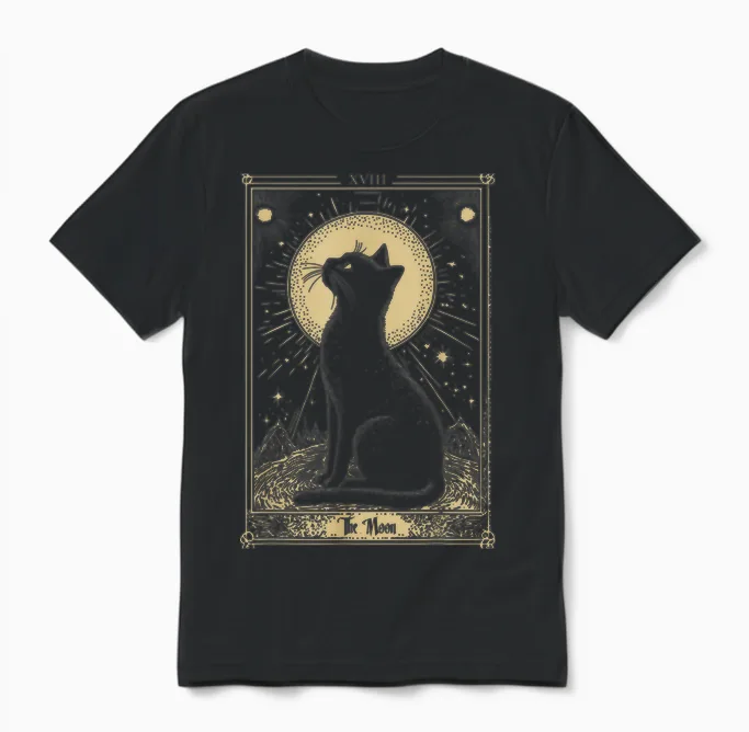 Gothic Tarot Card the Moon Cat Crescent Mystical Art T-Shirt, Black, S Unisex T-Shirt in Black