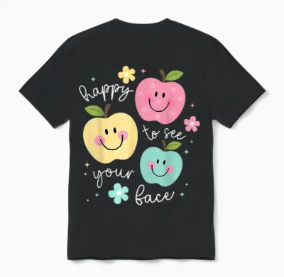 Happy to See Your Face Groovy Apple Smile Face Teacher Unisex T-Shirt - Black