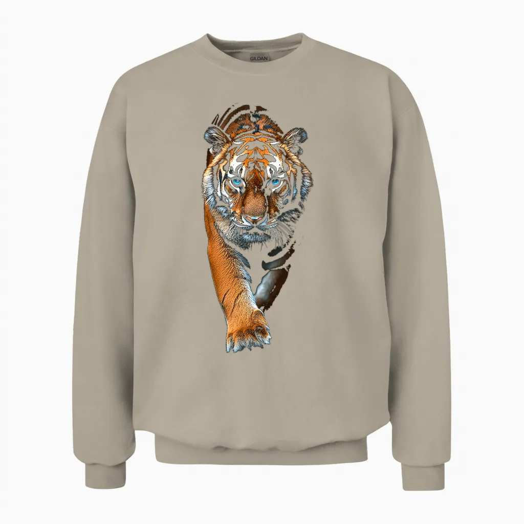 Tiger Animal Graphic Blue Eyes Illustration Tiger T-Shirt, Black Unisex Sweatshirt in Sand