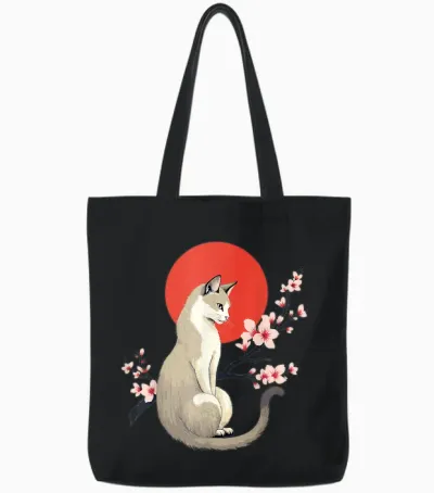 Japanese Aesthetic Cat with Cherry Blossoms Sakura T-Shirt, Blue, S Tote Bags - Black