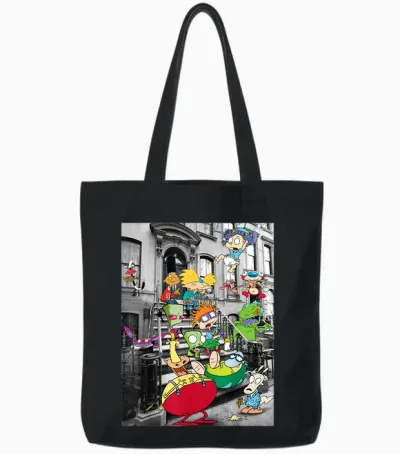 Nickelodeon Classic Nicktoons Hanging on Stoop Tote Bags - Black