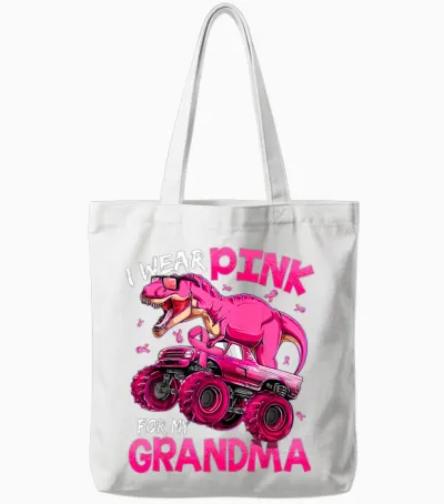 I Wear Pink for My Grandma Breast Cancer Awareness Dinosaur Tote Bags - White