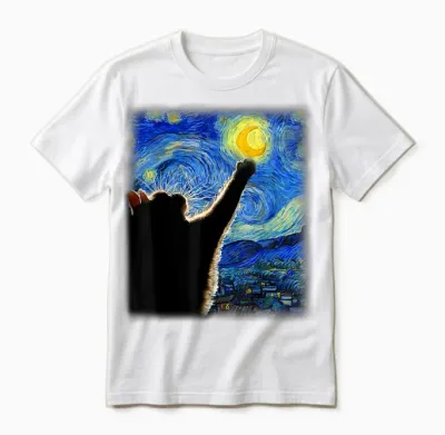 Van Gogh Starry Night Cat T-Shirt - Classic Fit, Cat Lover/mom/dad Gift, Black Crew Neck Unisex T-Shirt - White