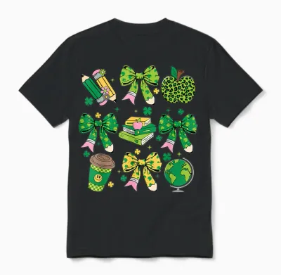 St Patrick's Day Lucky Teacher Shamrock Coquette Bow Pencil Unisex T-Shirt - Black