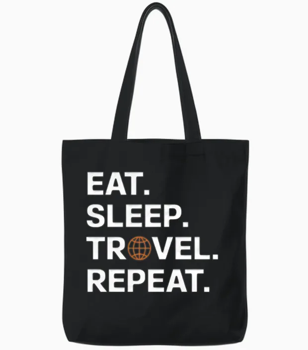 Eat Sleep Travel Repeat Tote Bags in Black