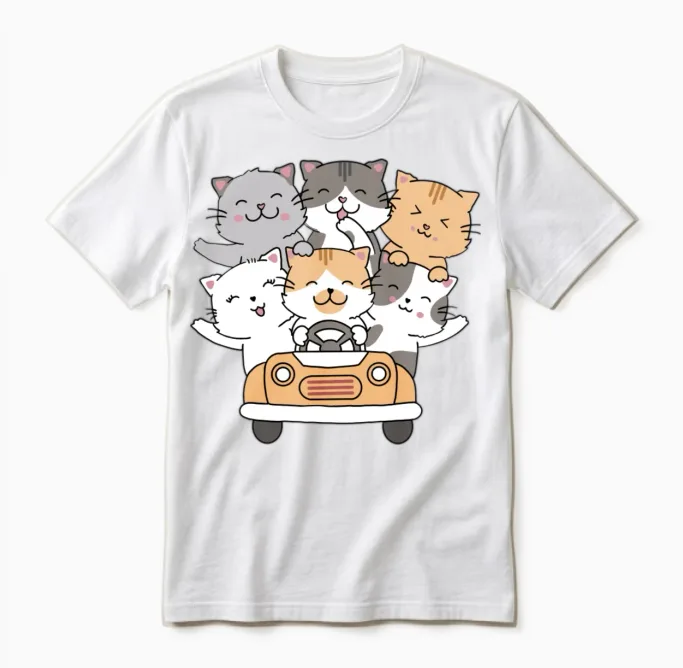 Cute Cat Driving Lovers Unisex T-Shirt in White