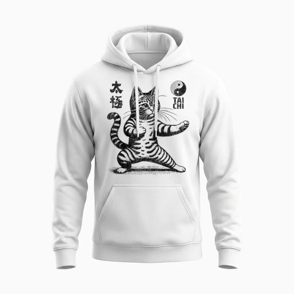 Funny Cat in Tai Chi Stance Martial Arts Yin Yang Balance T-Shirt, White, S Unisex Hoodie in White