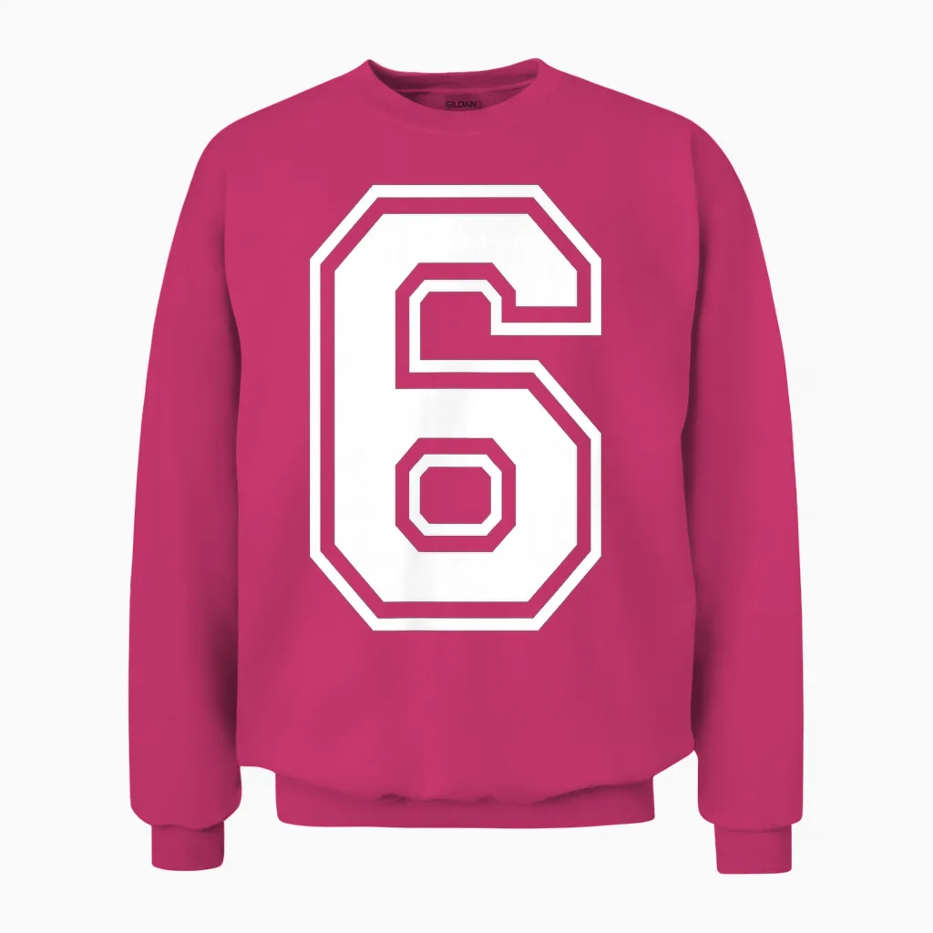 6 Number Six Team Sports Graphic Design Matching Varsity Unisex Sweatshirt in Heliconia