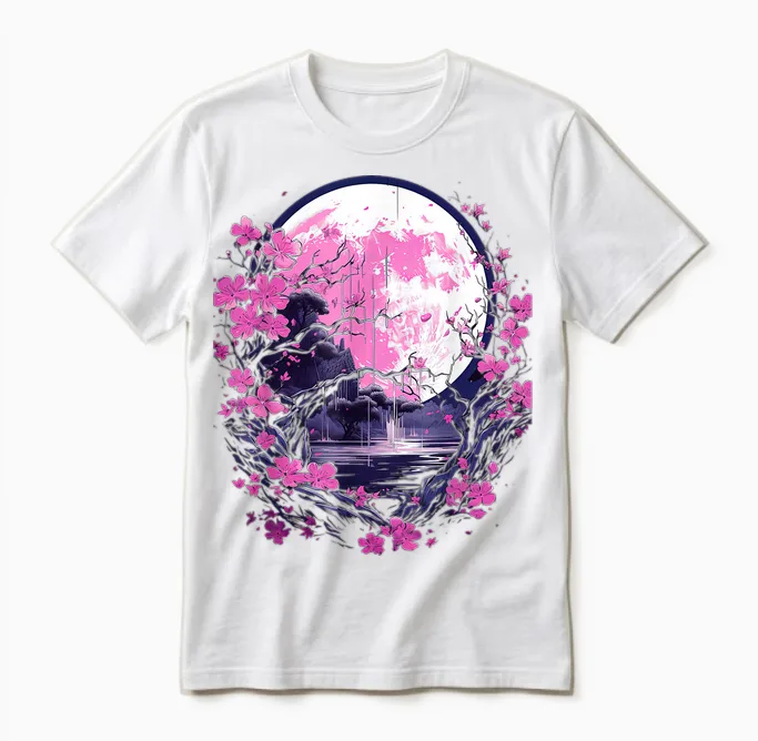 Japanese Cherry Blossom Cherry Blossom and Moon Japan T-Shirt, Black Unisex T-Shirt in White