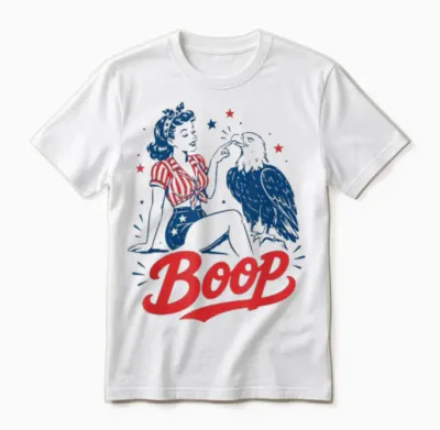 Boop Vintage Usa Girl and Eagle Funny Patriotic Retro Art Unisex T-Shirt - White