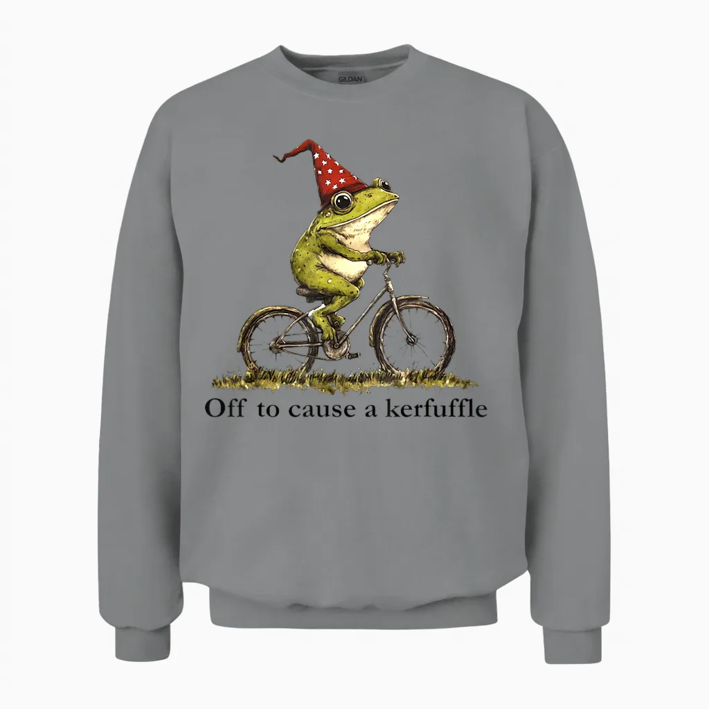 Off to Cause a Kerfuffle Frog Funny Weirdcore Sayings Unique Unisex Sweatshirt in Sport Grey