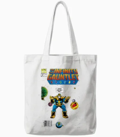 Marvel Thanos Infinity Gauntlet Comic Book T-Shirt, Black, S Tote Bags - White