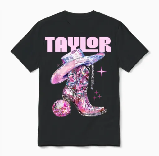 Taylor Outfit Disco Pink Cowgirl Shirt Women's Teen Girls Name T-Shirt, Black Unisex T-Shirt in Black