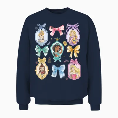 Disney Princess and Bows Watercolor Portraits Collage Unisex Sweatshirt - Navy