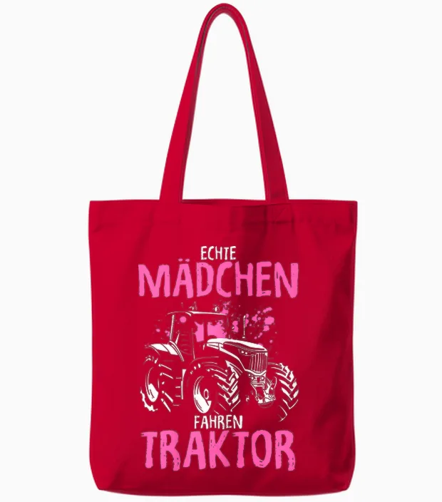Echte Mädchen Fahren Traktor Spruch Trecker Landwirtin Tote Bags in Red