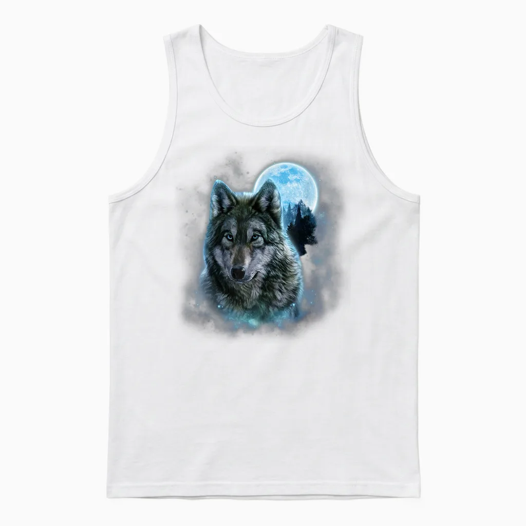 Grey Wolf Hunting Ground, Icy Moon, Forest, Galaxy Unisex Tank Top in White