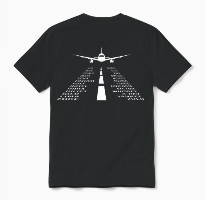 Pilot Flight Airplane Shirts 360 Phonetic Alphabet T-Shirt - Unisex Adult, Black, Short Sleeve, Small, Classic Fit Unisex T-Shirt in Black