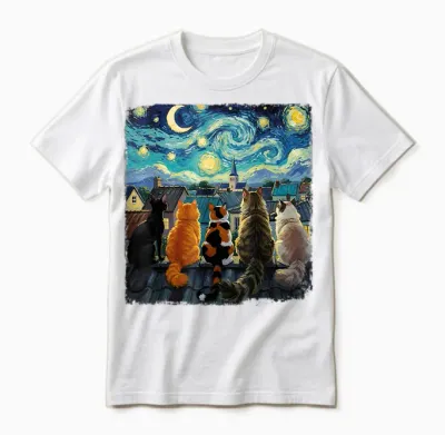 Funny Cat Starry Night Van Gogh Cats Rooftop Scene Feline Unisex T-Shirt - White