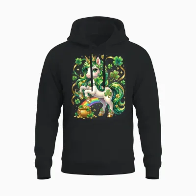 Unicorn St Patricks Day Toddler Girls Kid Shamrock Lepricorn Unisex Hoodie - Black