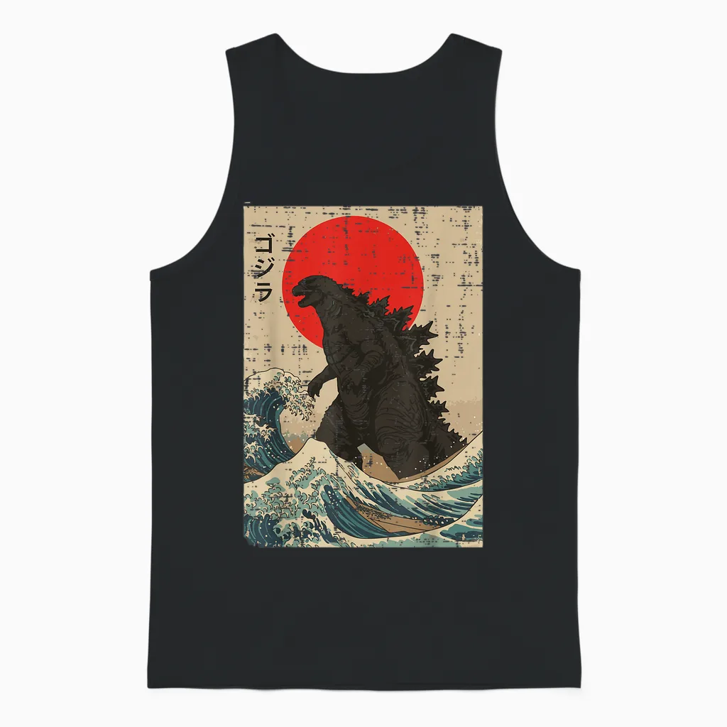 Japanese Kaiju Wave Red Sun Japan Monster Men Women Unisex Tank Top in Black