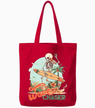 Retro Surfing Skeleton Tote Bags - Red