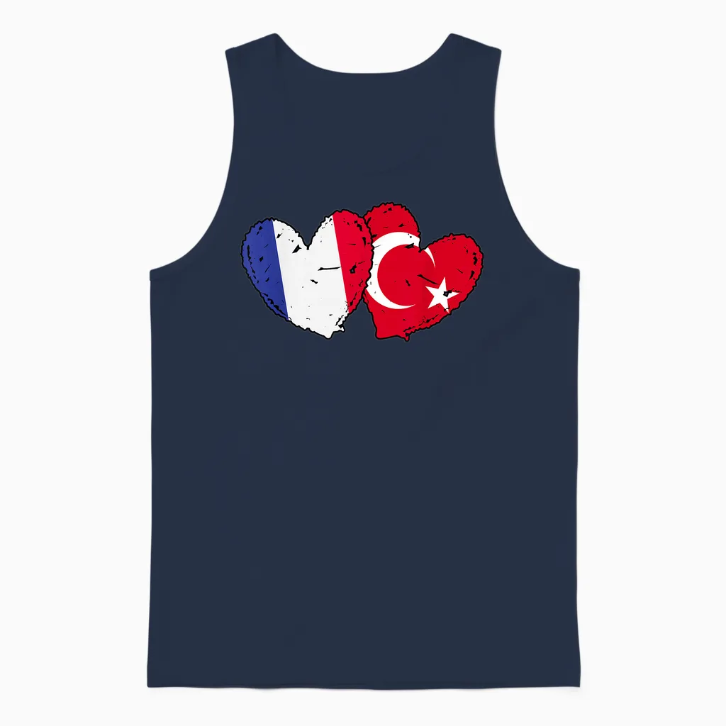 Flag of France Turkey Heart Türkiye French Turkish Friendship Unisex Tank Top in Navy