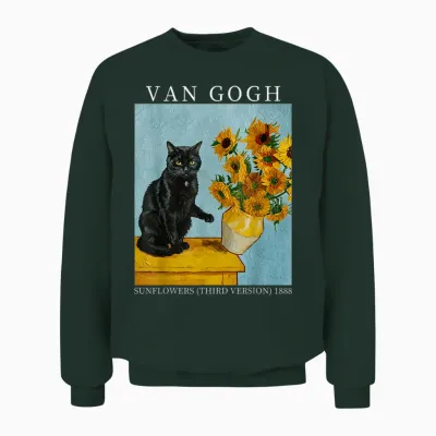 Van Gogh Black Cat with Sunflowers Funny Cat Meme Unisex Sweatshirt - Forest
