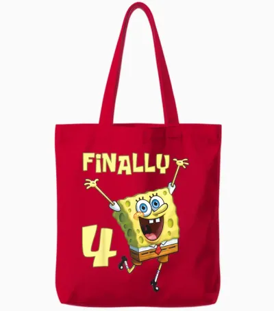 Mademark X Spongebob Squarepants - Kids Original Spongebob Square Pants - 4th Birthday. Finally 4. Tote Bags - Red