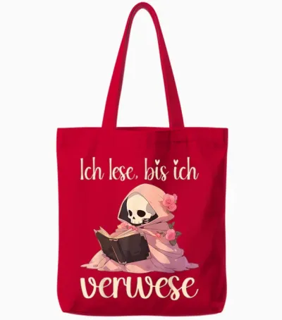 Roman Lover Booknerd T-Shirt with German Text "ich Lese, Bis Ich Gewese", Black Tote Bags - Red