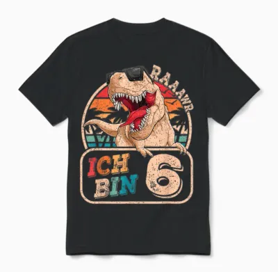 Ich Bin 6 Dinosaurs 6 Years Dino 6th Birthday Boy Party T-Shirt, Black Unisex T-Shirt - Black