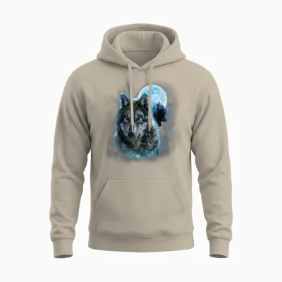 Grey Wolf Hunting Ground, Icy Moon, Forest, Galaxy Unisex Hoodie - Sand