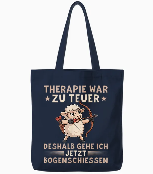 Therapie War Zu Teuer Funny Archery Sheep T-Shirt, Black, S Tote Bags in Navy