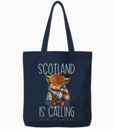 Scotland Calls and I Must Go! Highland Cow T-Shirt, Black Tote Bags - Navy