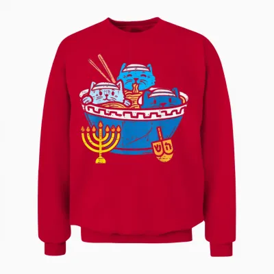 Jewish Cats Ramen Kitten Anime Hanukkah Pajamas Chanukah Pjs Unisex Sweatshirt - Red