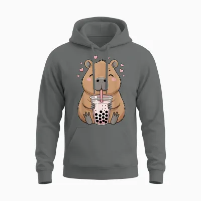 Lovely Bubble Tea Capybara for Girls, Kawaii Unisex Hoodie - Graphite Heather