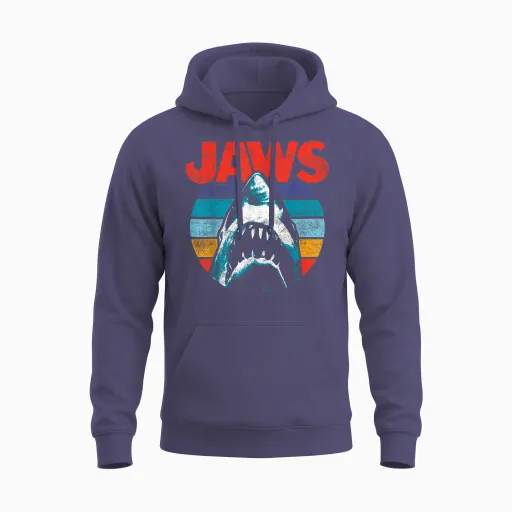 Jaws Retro Colors Shark Rainbow Logo Unisex Hoodie in Heather Sport Dark Navy
