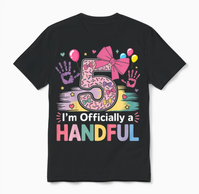 Kids I'm Officially a Handful Five Pink Bow 5th Birthday Girls Unisex T-Shirt in Black