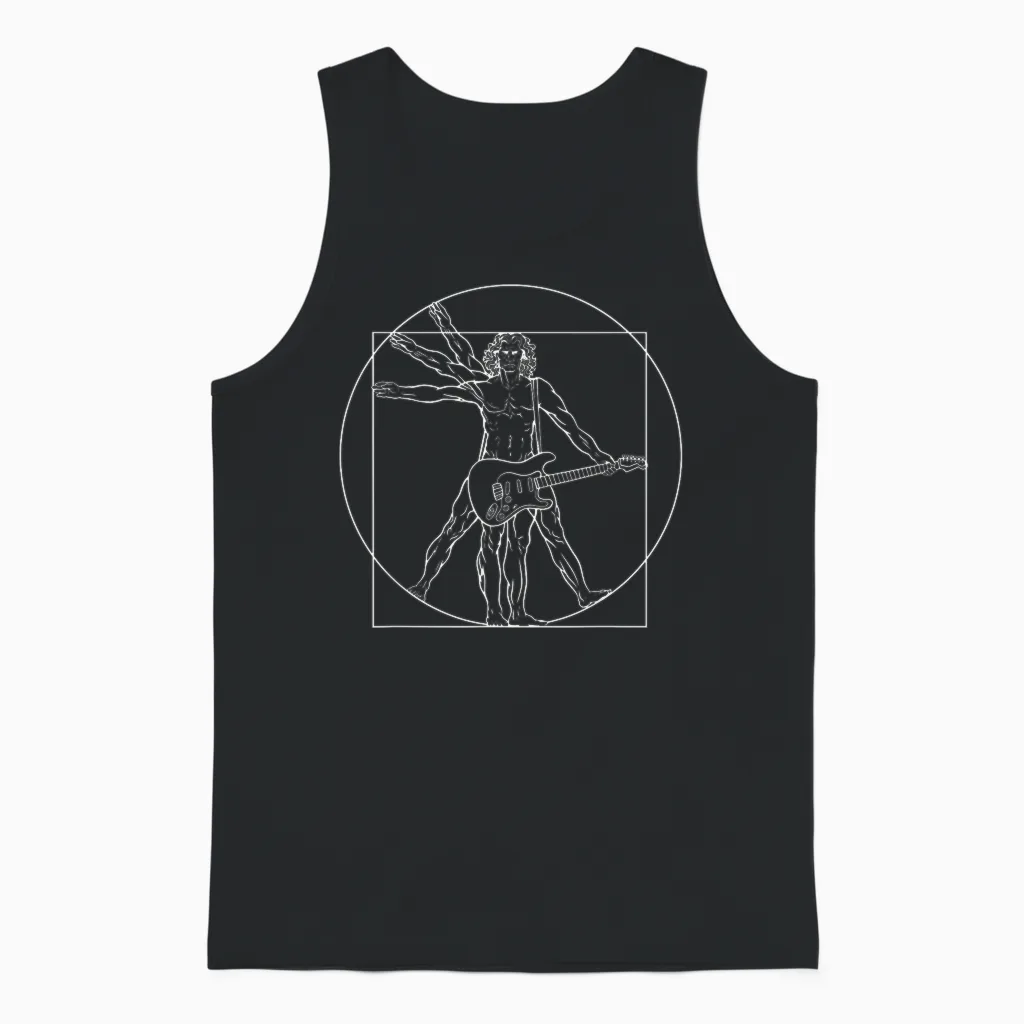 Punk Rock Star Vitruvian Man with Electric Guitar T-Shirt, Black Unisex Tank Top in Black