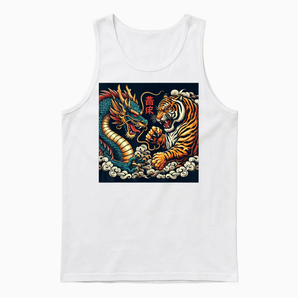 Japanese Dragon Vintage Fight Tiger Giant Asian Folklore T-Shirt, Black, S Unisex Tank Top in White