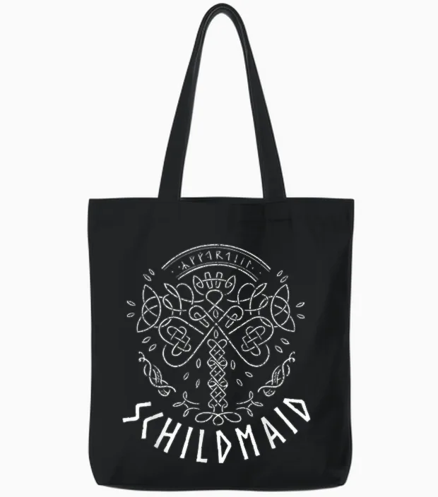 Schildmaid Nordic Warrior Viking Mythologie Tote Bags in Black