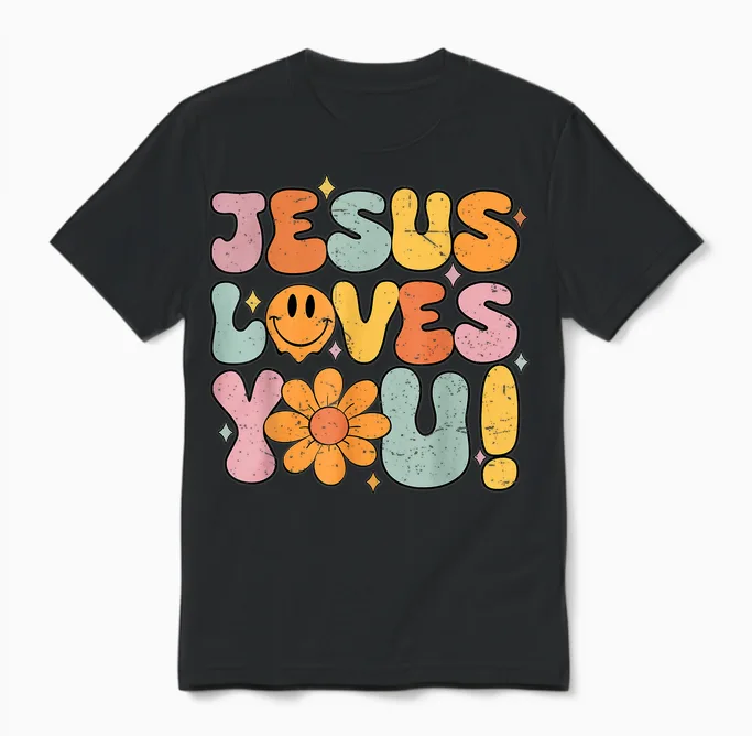 Jesus Loves You Cute Christian Teen Girl Graphic Tees Unisex T-Shirt in Black